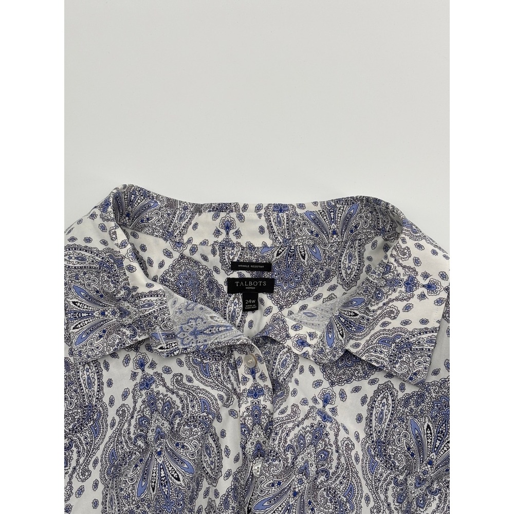 Talbots Woman Size 24W Blue White Paisley Button Down Shirt Wrinkle Resistant